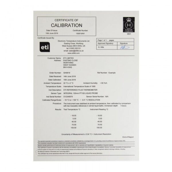 UKAS 5 POINT Certificate - Instrument Only (-18, 0, +40, +70, +100 degrees C)